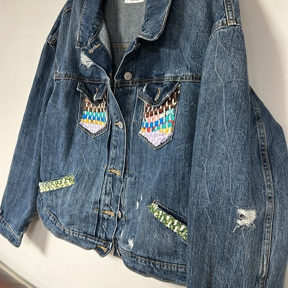 Hippie, Boho, quirky Upcycled Denim Jacket, one of a kind, XXL - Picture 2 of 8